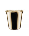 Gold metallic wine cooler by Alessi with a perforated scalloped top edge and shiny finish.