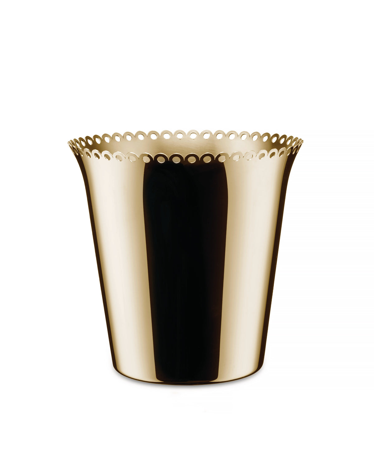 Gold metallic wine cooler by Alessi with a perforated scalloped top edge and shiny finish.