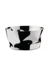 Silver metallic bowl by Alessi with a crumpled, highly reflective surface.