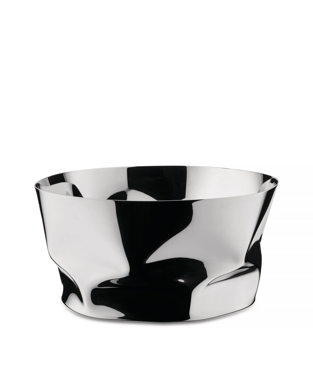 Silver metallic bowl by Alessi with a crumpled, highly reflective surface.