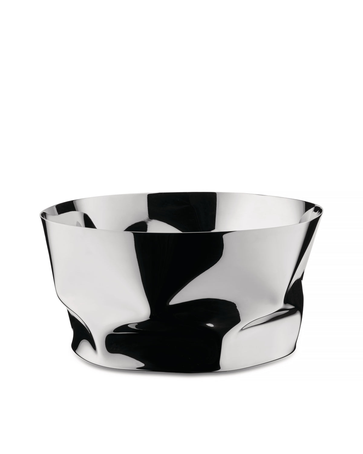Silver metallic bowl by Alessi with a crumpled, highly reflective surface.
