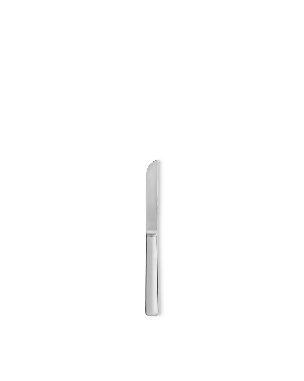 Silver stainless steel knife by Alessi, polished with a sleek design and slightly curved tip, shown vertically.