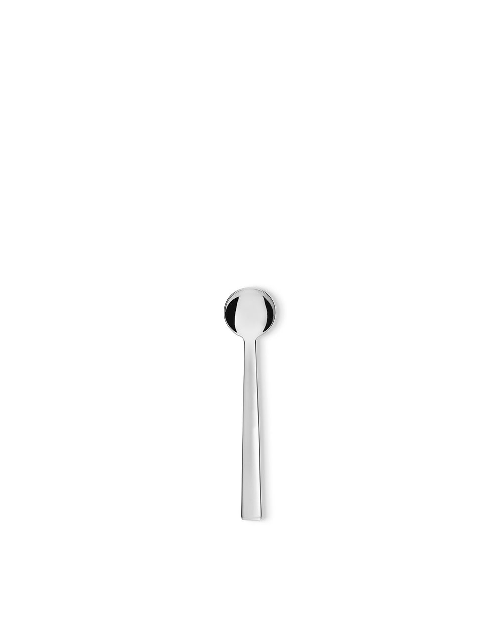 Polished silver spoon by Alessi with a round bowl and slender handle, centered vertically on a white background.