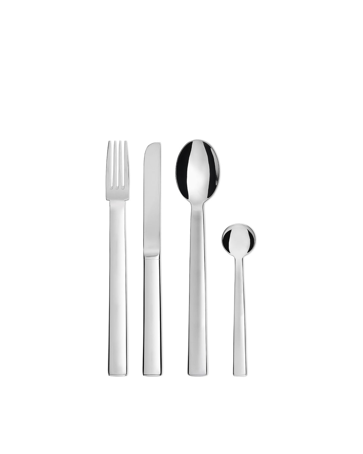 Polished stainless steel cutlery set by Alessi, featuring a fork, knife, and two spoons with rounded designs, standing upright.