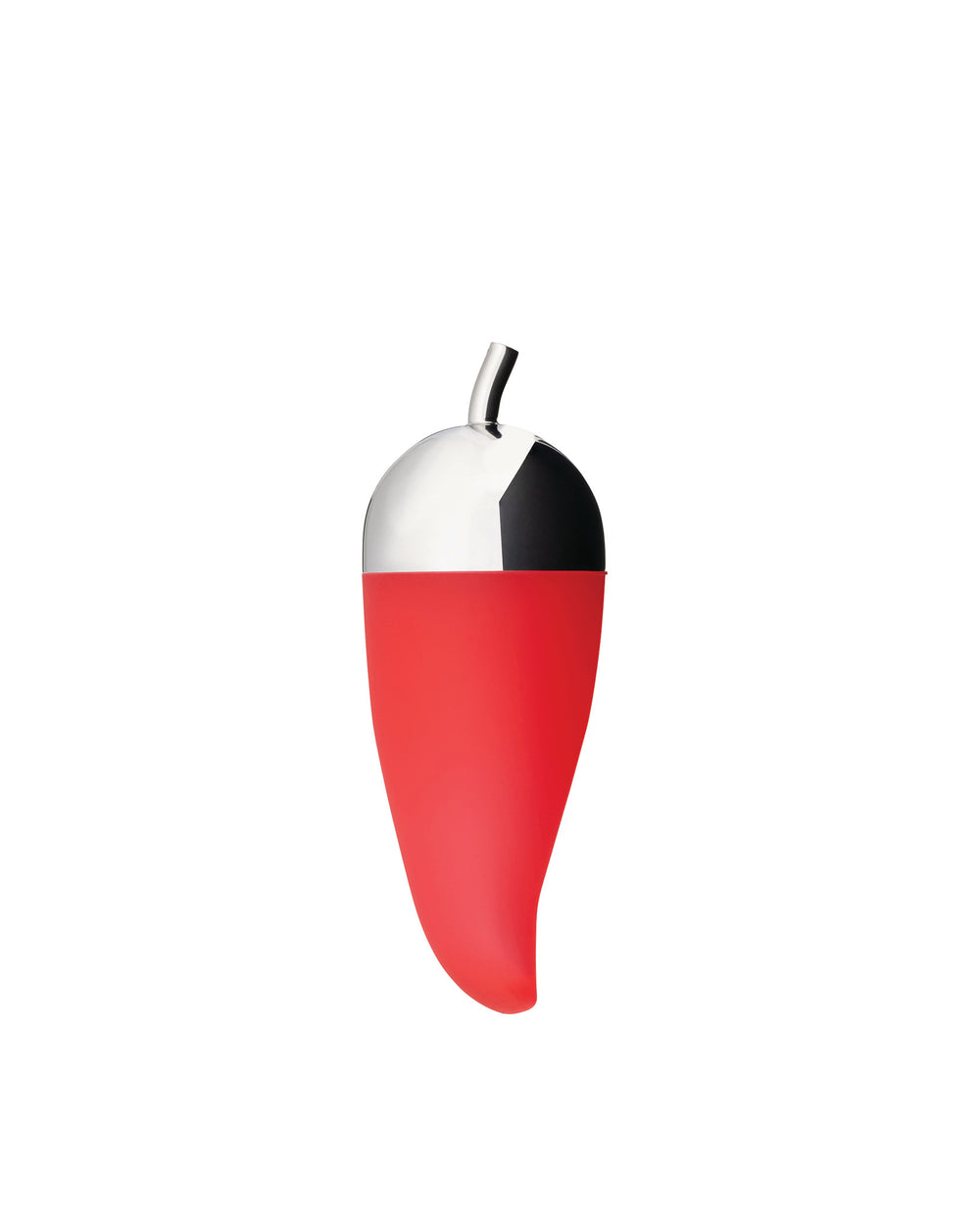 Red and silver chili-shaped Piccantino by Alessi, a sleek condiment grinder with a polished chrome top and matte red base.