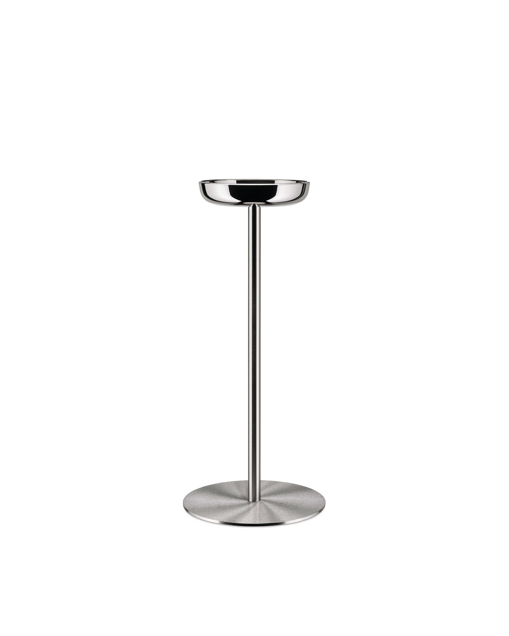 Sleek metal stand by Alessi with a polished chrome bowl and brushed stainless steel column and round base.