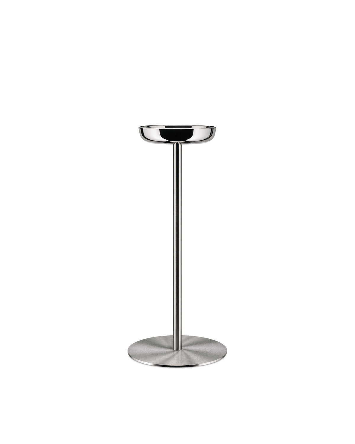 Sleek metal stand by Alessi with a polished chrome bowl and brushed stainless steel column and round base.