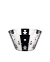 Polished stainless steel fruit bowl by Alessi with 'Girotondo' cut-out figures on its conical sides.