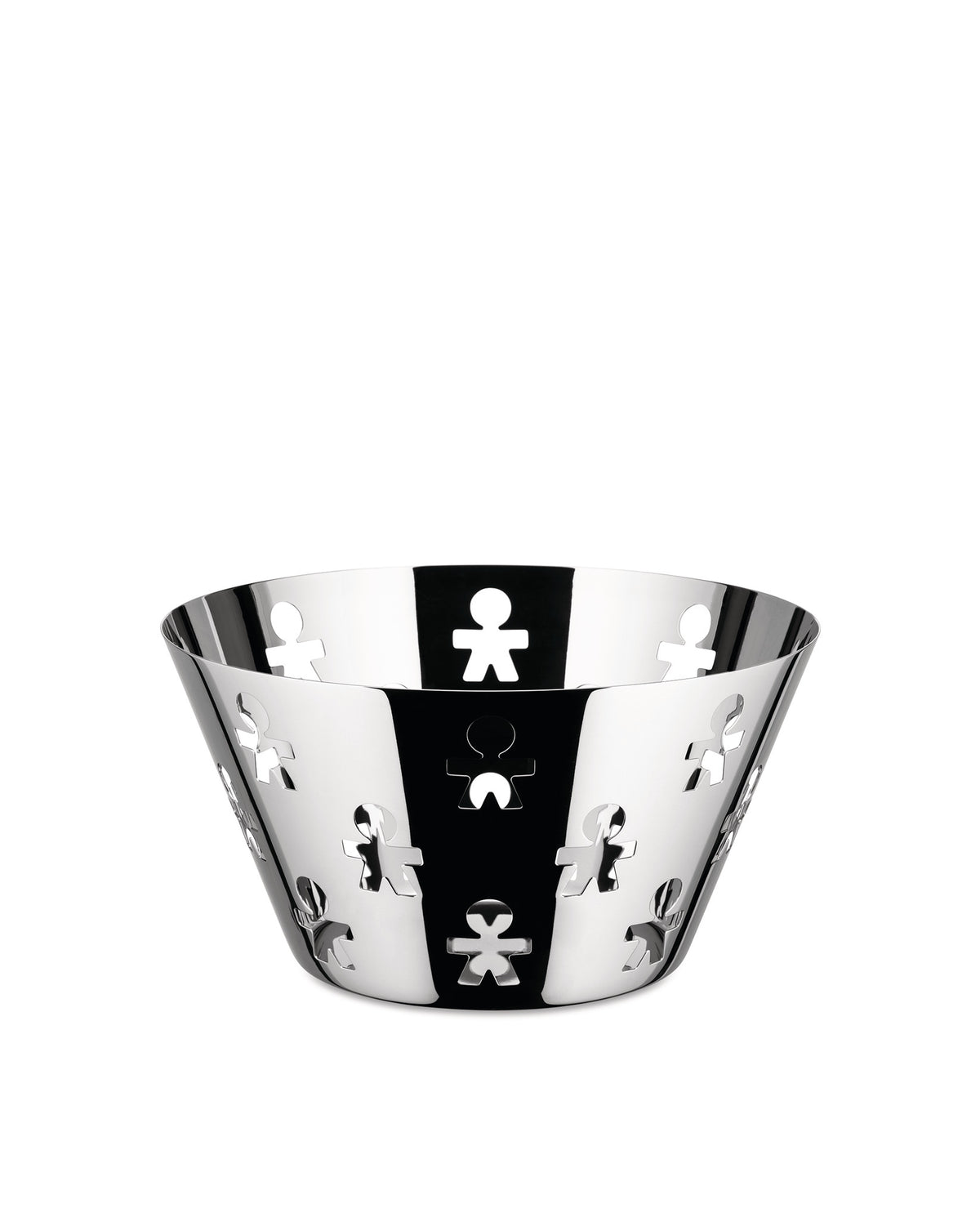 Polished stainless steel fruit bowl by Alessi with 'Girotondo' cut-out figures on its conical sides.