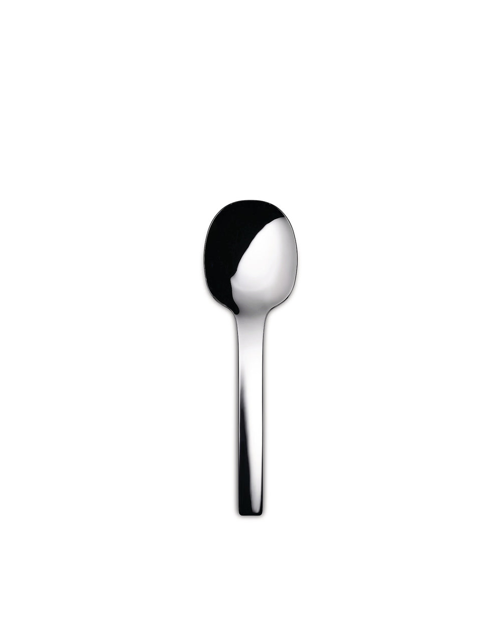 Polished silver serving spoon by Alessi with a rounded head and slender handle, positioned vertically.