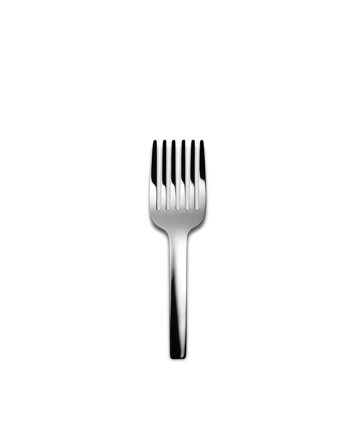 Polished silver serving fork by Alessi with five tines on a white background.