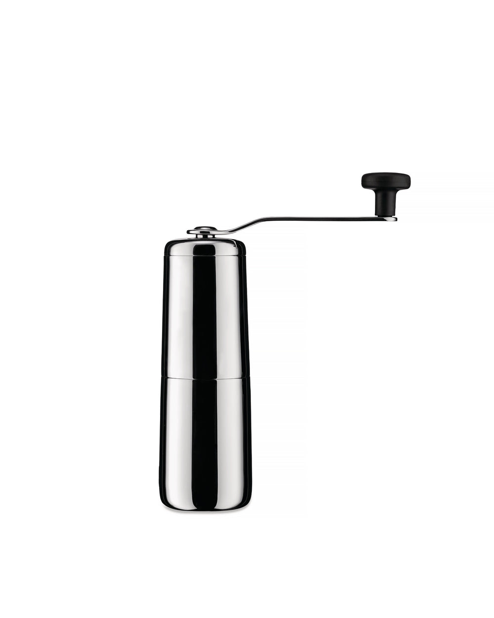 Polished stainless steel manual coffee grinder by Alessi with a black grinding handle.