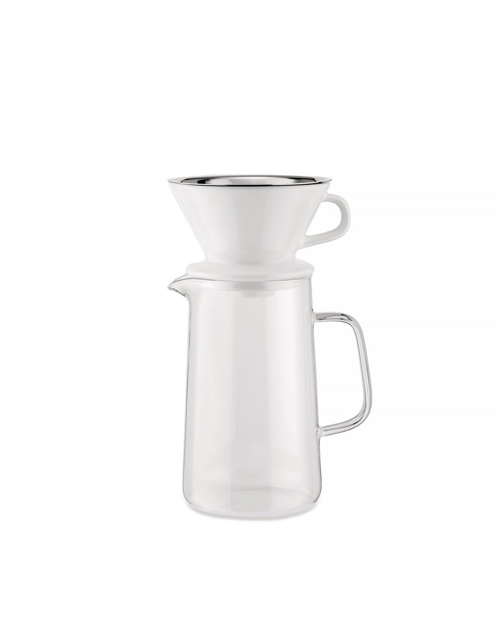 White ceramic and glass slow coffee maker set by Alessi, with a silver-rimmed pour-over cone atop a clear carafe.