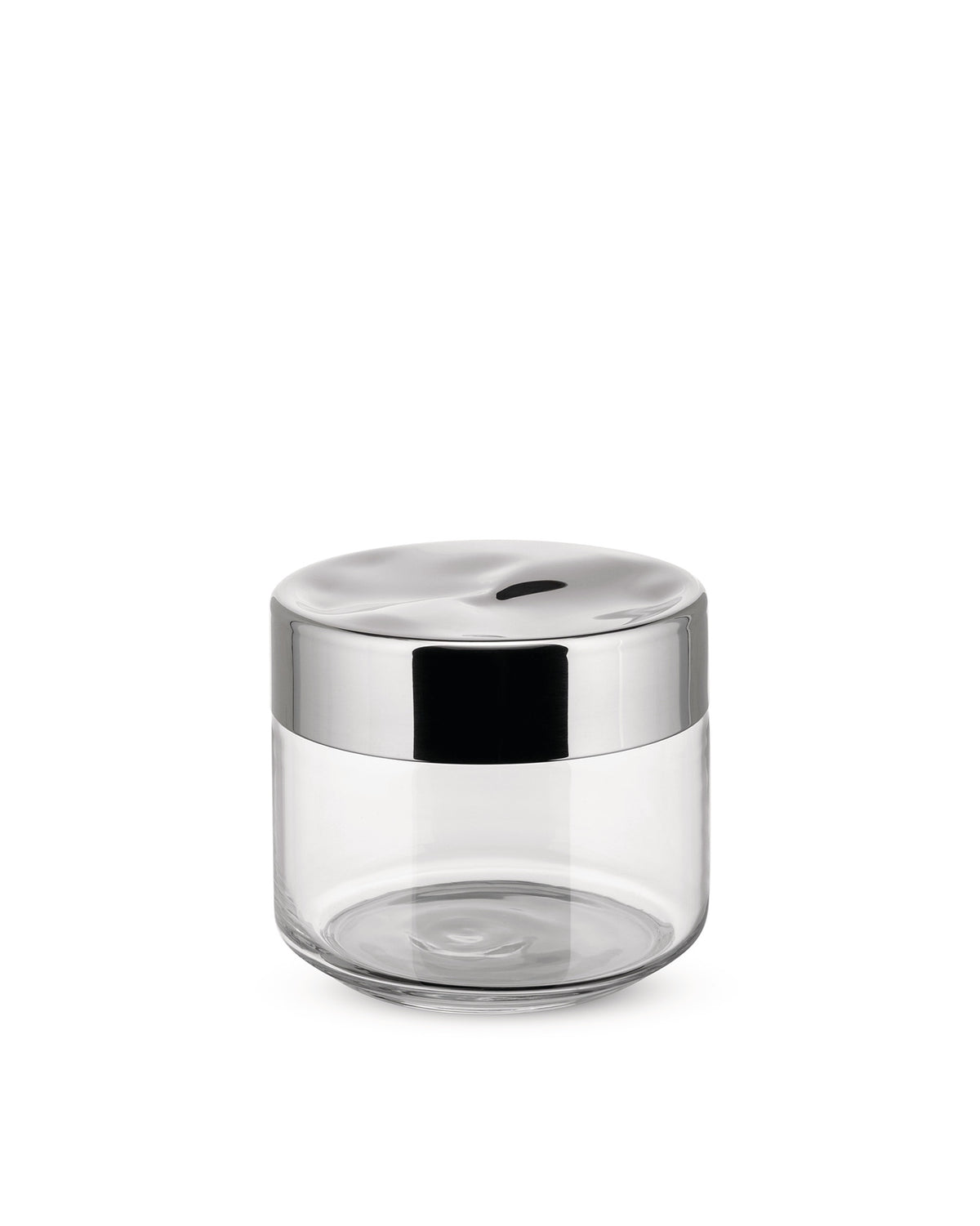 Clear glass jar with a wavy chrome lid by Alessi, centered on a white background.
