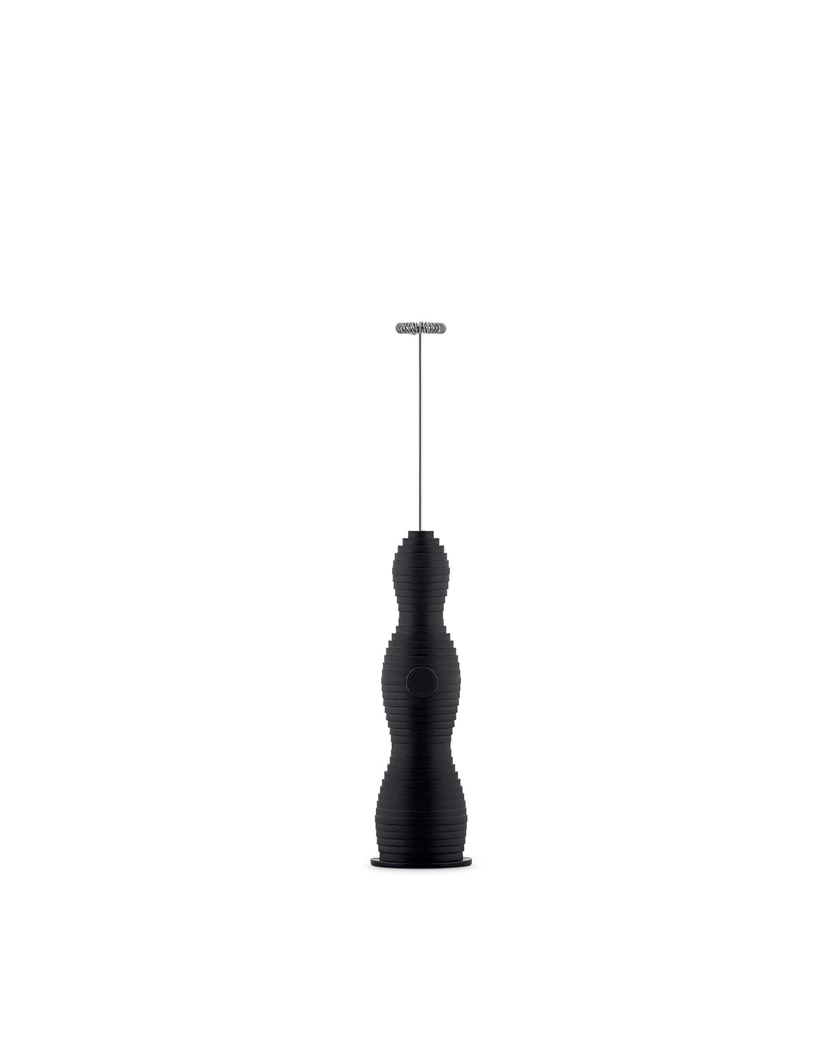Black Pulcina handheld frother by Alessi, with a ridged, undulating body and metallic whisk.