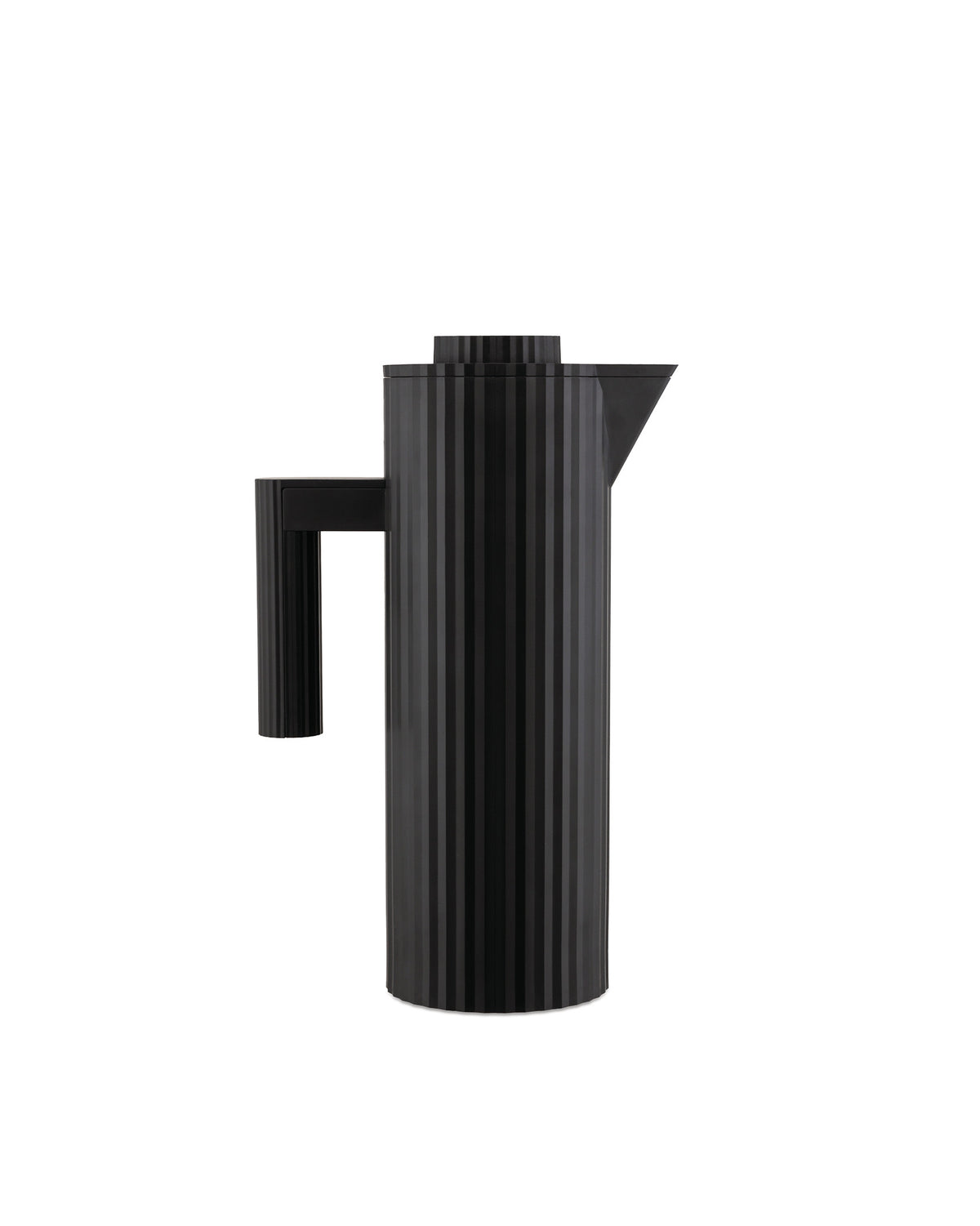 Black thermos jug by Alessi with a vertical pleated texture, handle, and pouring spout.