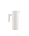 White ribbed thermic jug by Alessi with a vertical pleated texture, handle, and pouring spout.
