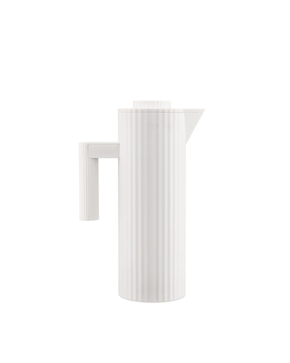 White ribbed thermic jug by Alessi with a vertical pleated texture, handle, and pouring spout.