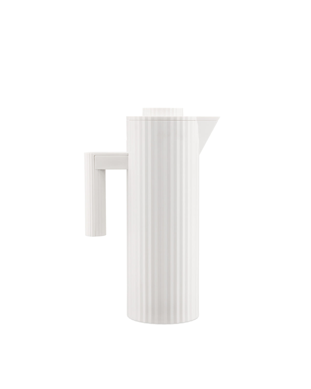 White ribbed thermic jug by Alessi with a vertical pleated texture, handle, and pouring spout.