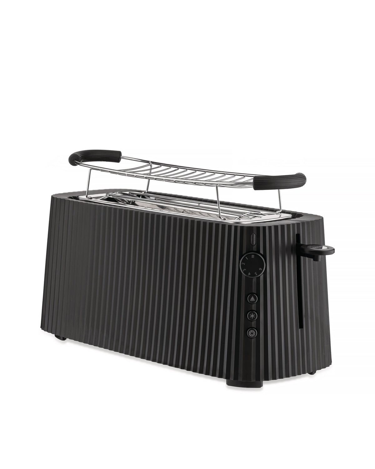 Black ribbed toaster by Alessi with a control panel and a chrome warming rack on top.