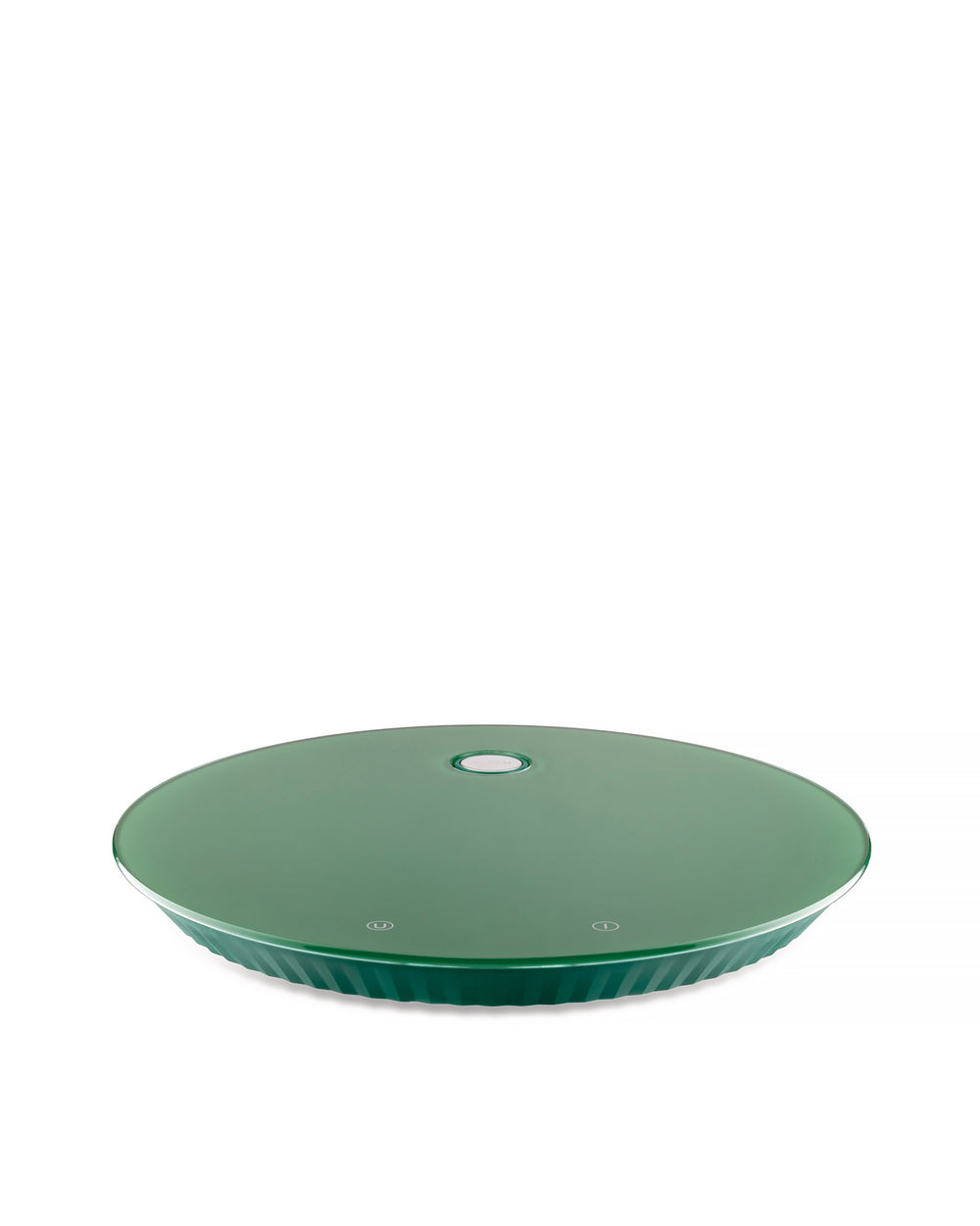 Round green kitchen scale by Alessi with a ribbed base and two subtle icons on the surface.