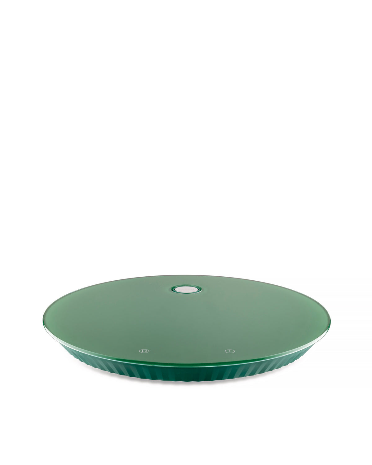 Round green kitchen scale by Alessi with a ribbed base and two subtle icons on the surface.