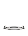 Silver polished metal serving tray by Alessi with a perforated surface and black curved handles.