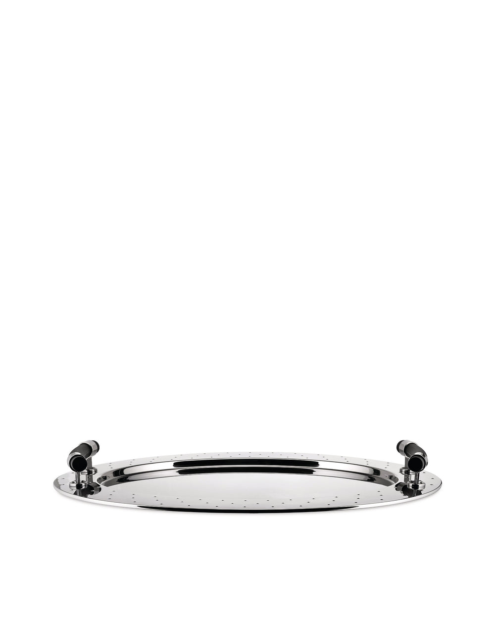 Silver polished metal serving tray by Alessi with a perforated surface and black curved handles.