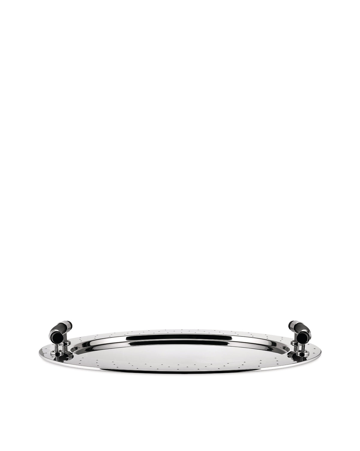 Silver polished metal serving tray by Alessi with a perforated surface and black curved handles.