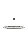 Polished stainless steel oval serving tray by Alessi with a central black spherical handle and detailed rim.