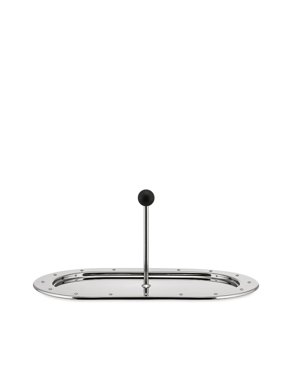 Polished stainless steel oval serving tray by Alessi with a central black spherical handle and detailed rim.