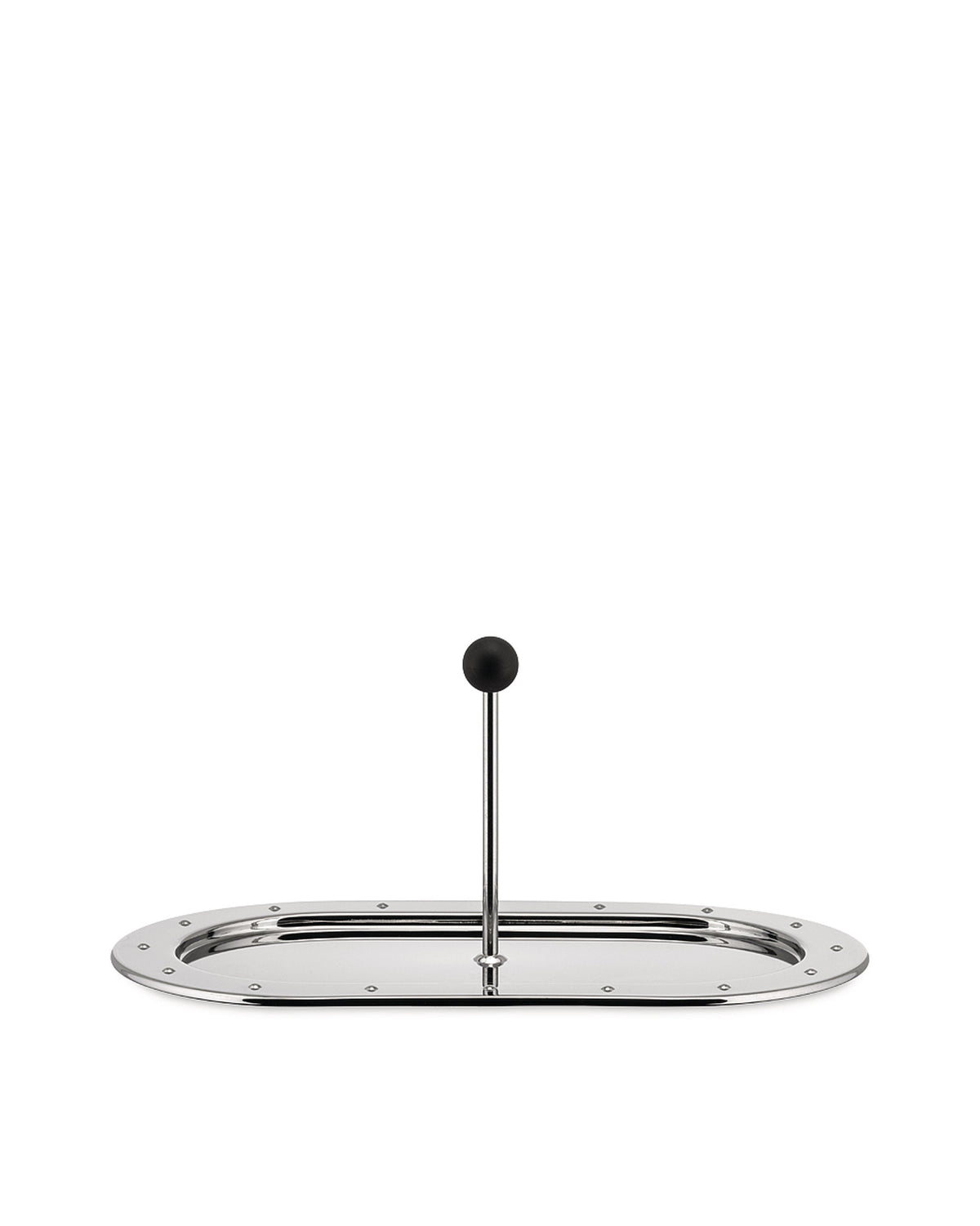Polished stainless steel oval serving tray by Alessi with a central black spherical handle and detailed rim.