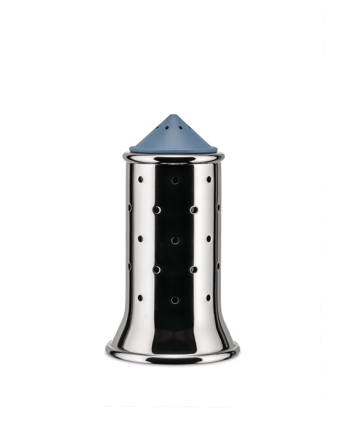 Stainless steel spice infuser by Alessi with a perforated cylindrical body and a blue conical cap.