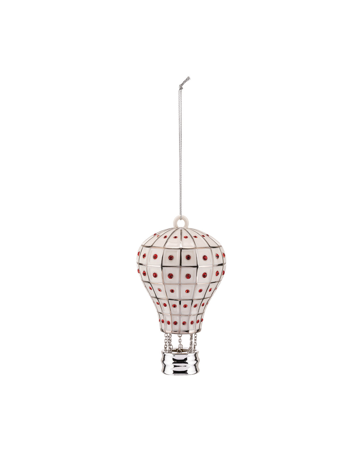 White and silver hot air balloon ornament by Alessi with a checkered pattern and red crystal embellishments, hanging from a thin chain.