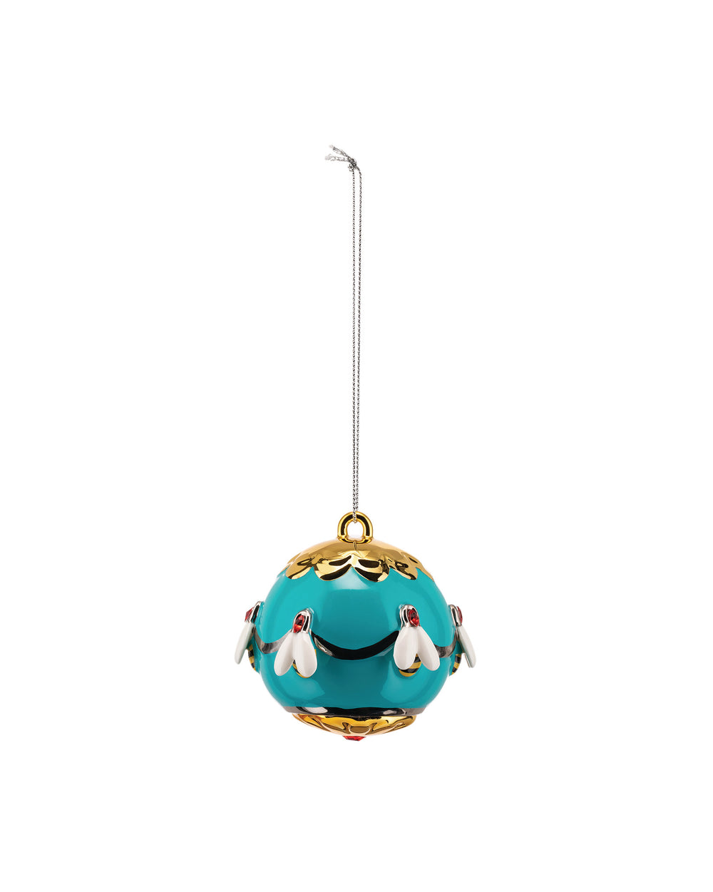 Teal blue decorative ornament by Alessi, a glossy sphere with gold trim and white bees with red eyes.