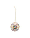 White, multi-jeweled decorative ball ornament by Alessi, with a grid pattern, square clear central gem, and gold accents, hanging from a gold string.