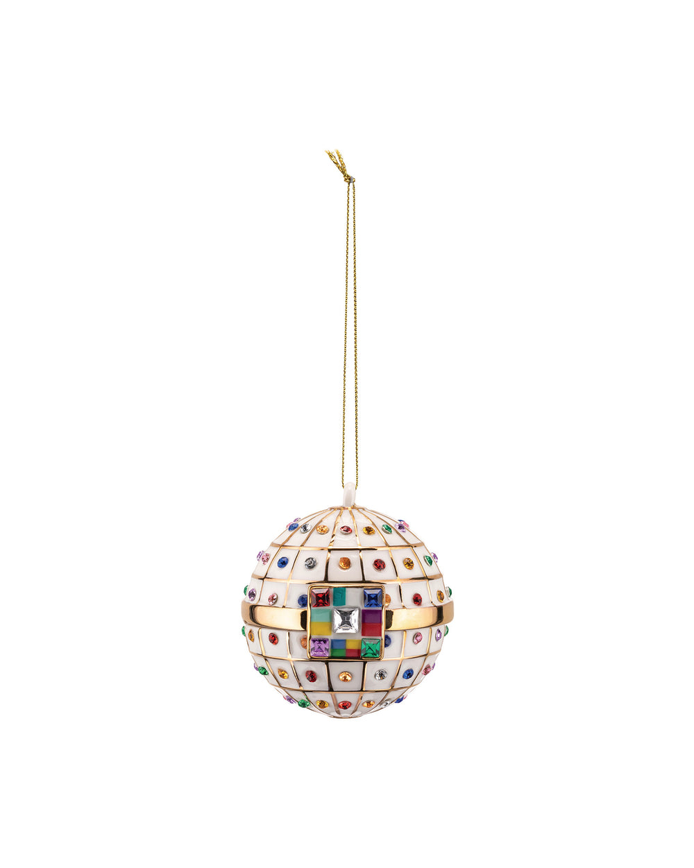White, multi-jeweled decorative ball ornament by Alessi, with a grid pattern, square clear central gem, and gold accents, hanging from a gold string.
