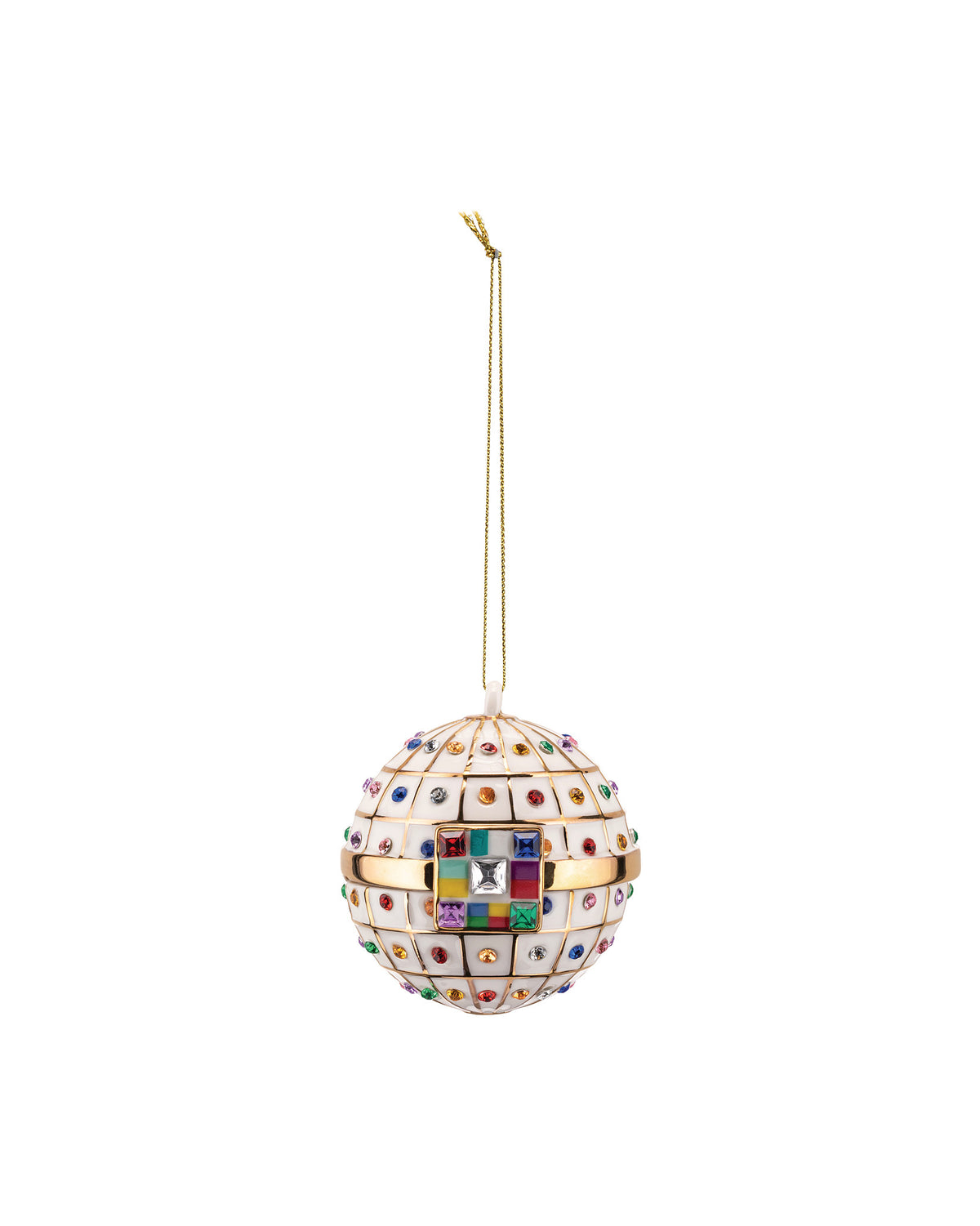 White, multi-jeweled decorative ball ornament by Alessi, with a grid pattern, square clear central gem, and gold accents, hanging from a gold string.