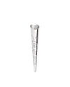 Silver metal tea infuser with a heart-shaped top by Alessi, featuring a conical body perforated with a swirling dot pattern.