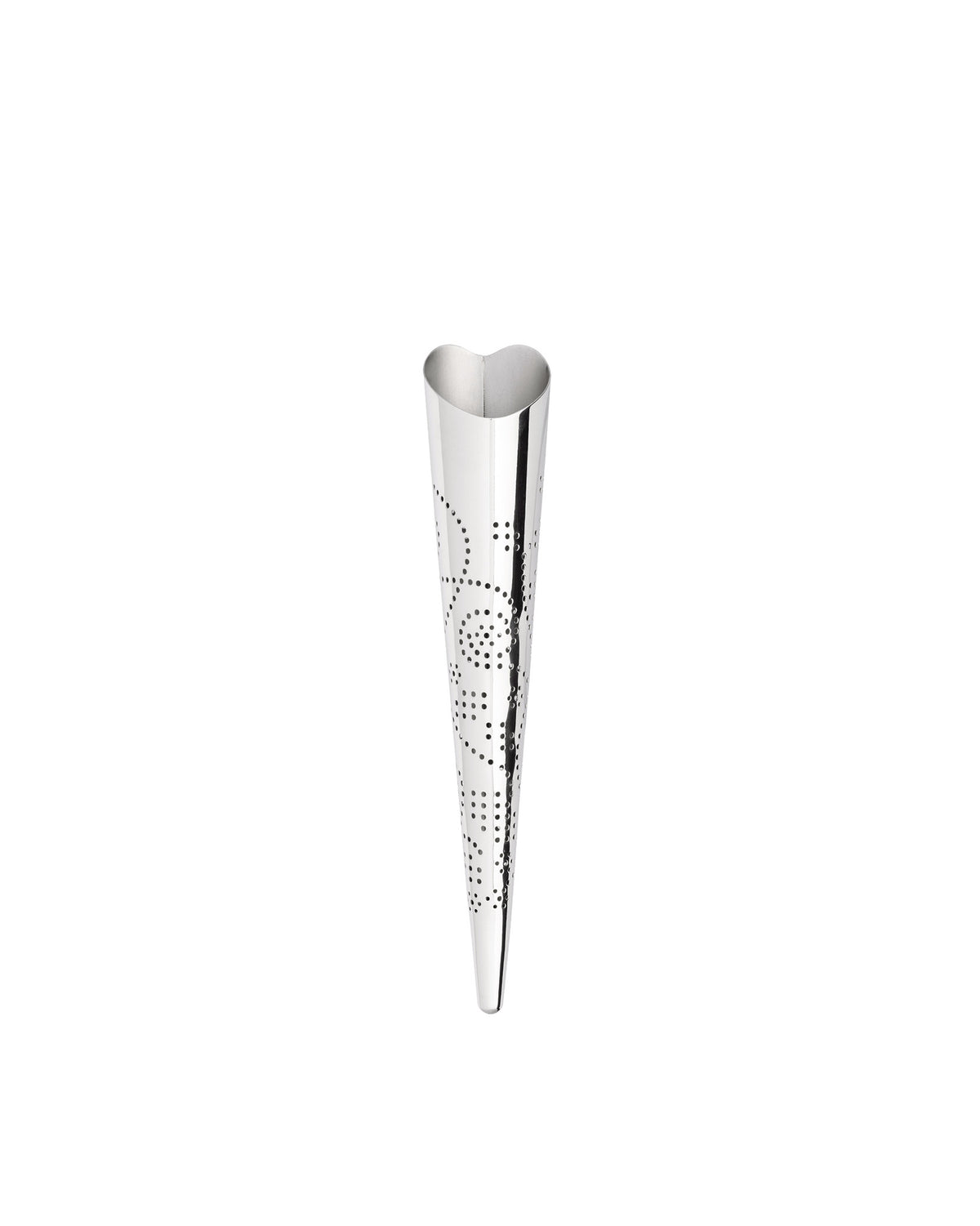 Silver metal tea infuser with a heart-shaped top by Alessi, featuring a conical body perforated with a swirling dot pattern.