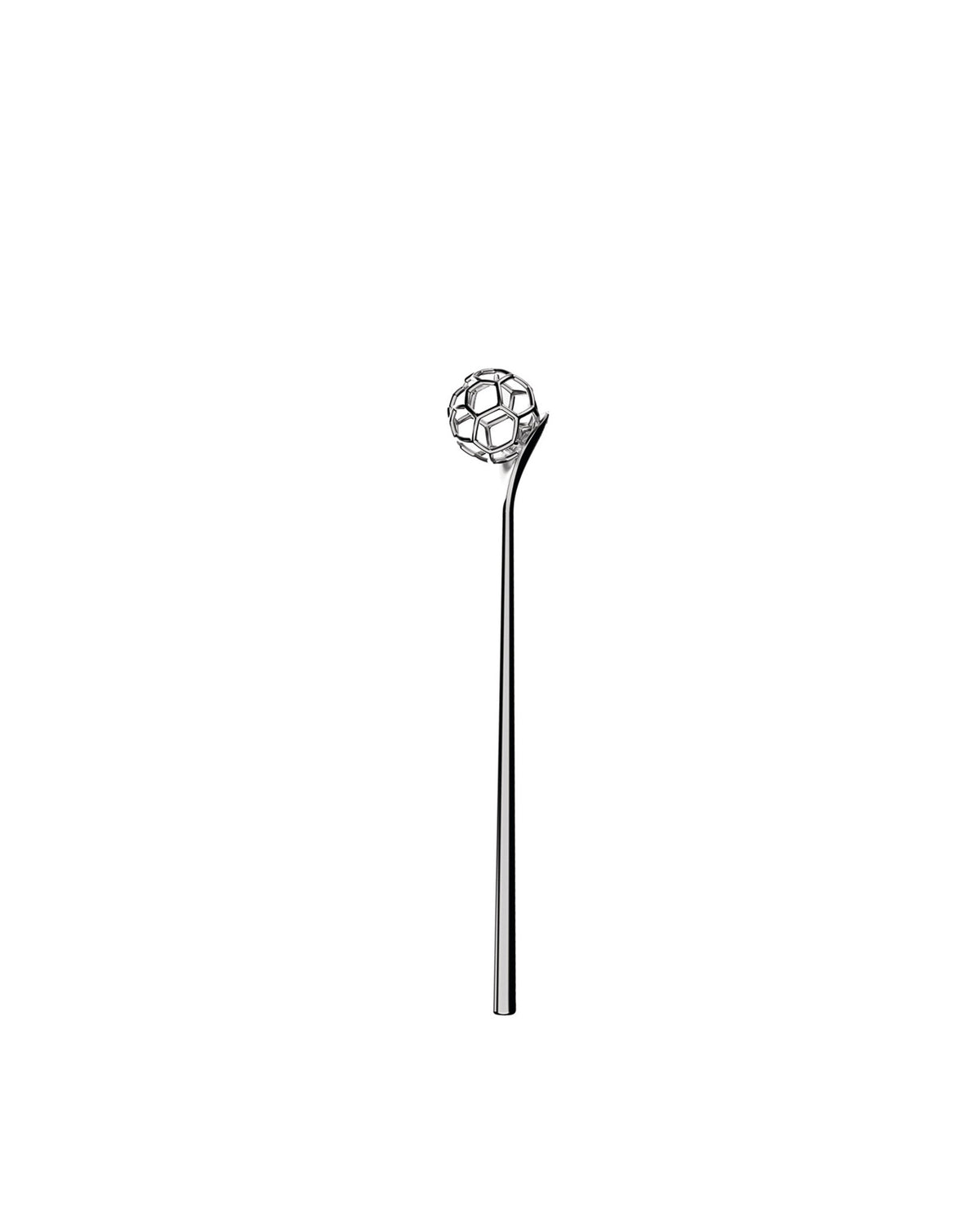 Silver metal Acacia honey dipper by Alessi, featuring a spherical openwork head with hexagonal patterns.
