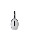 Rounded polished chrome-plated ornament by Alessi, with a black fabric strap and a front U-shaped detail.