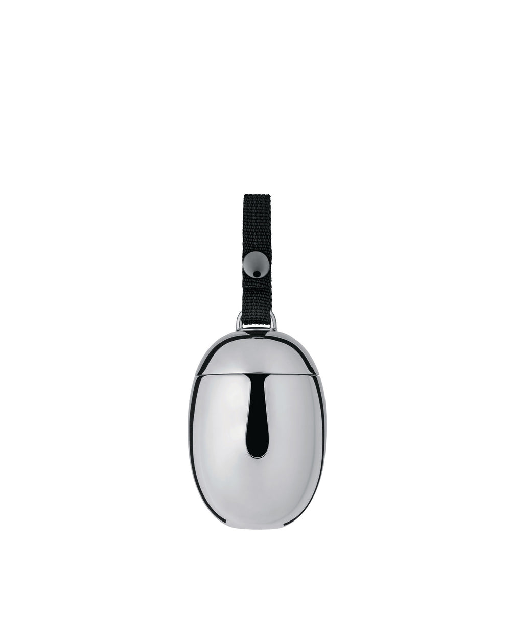 Rounded polished chrome-plated ornament by Alessi, with a black fabric strap and a front U-shaped detail.