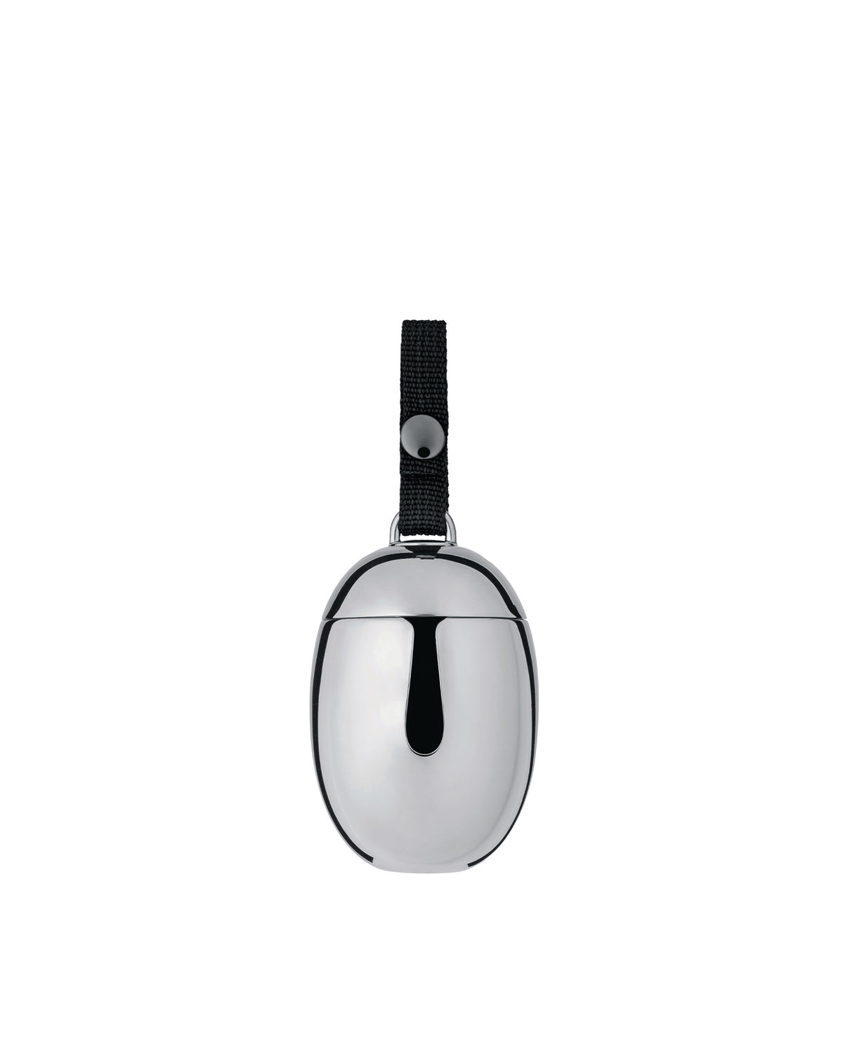 Rounded polished chrome-plated ornament by Alessi, with a black fabric strap and a front U-shaped detail.