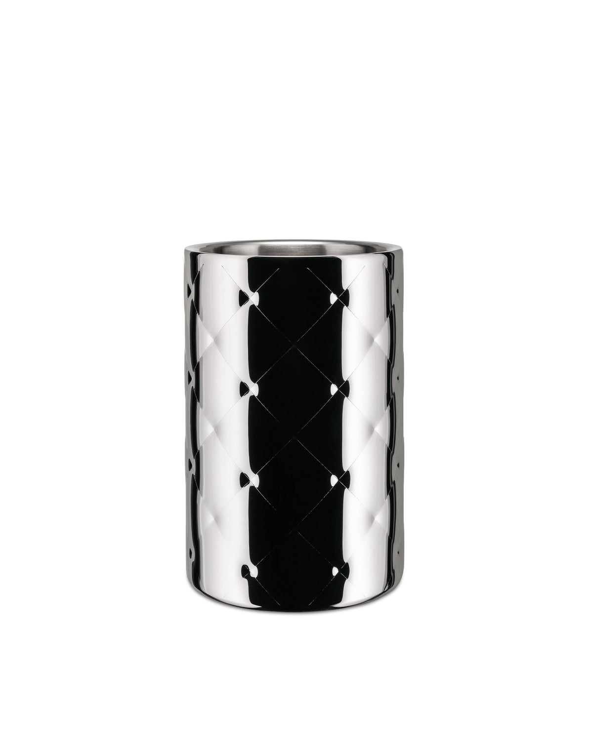 Silver metal ice bucket by Alessi with a quilted diamond pattern and reflective finish.