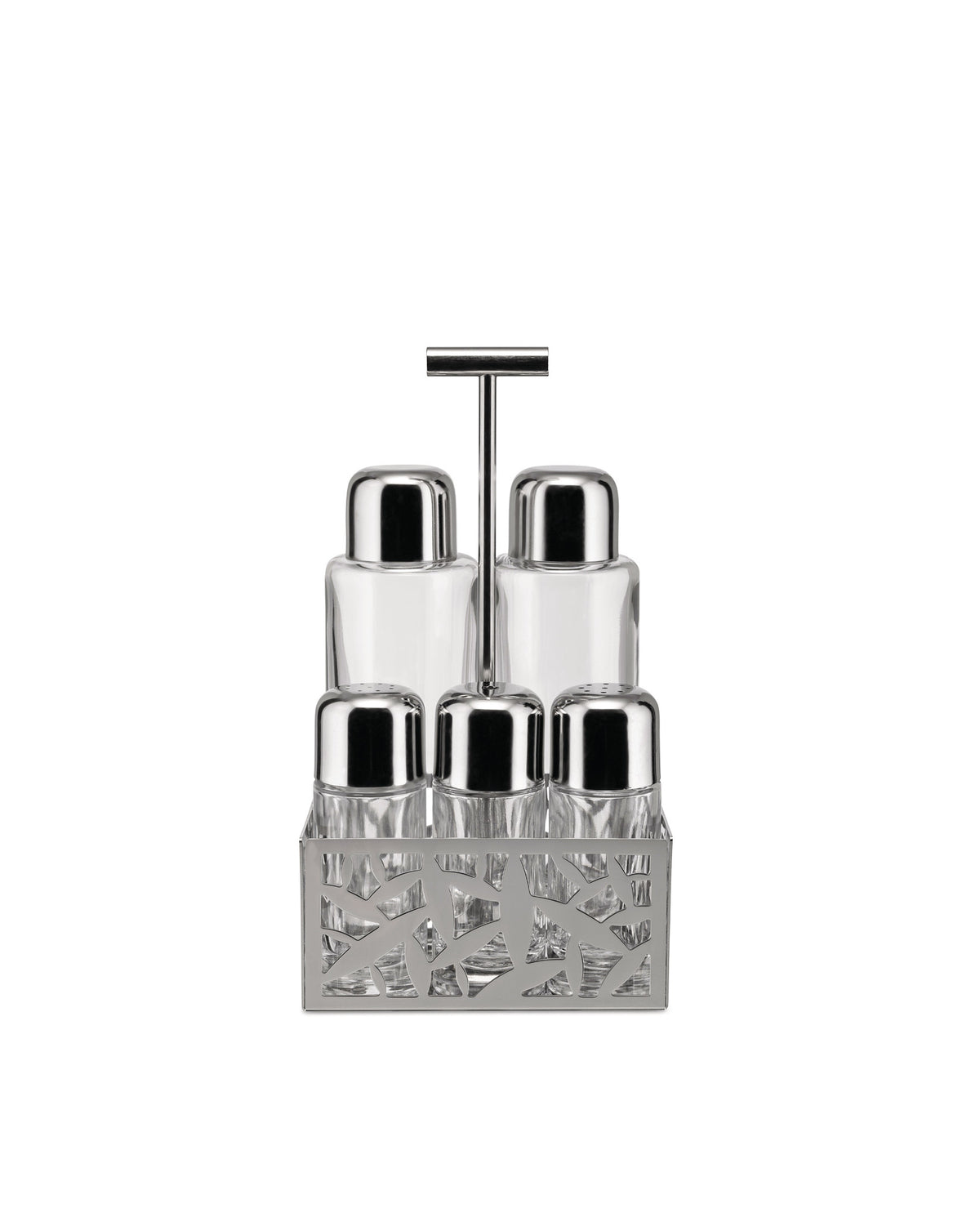 Silver oil cruet and shaker set by Alessi with clear glass bottles and an abstract geometric stand.