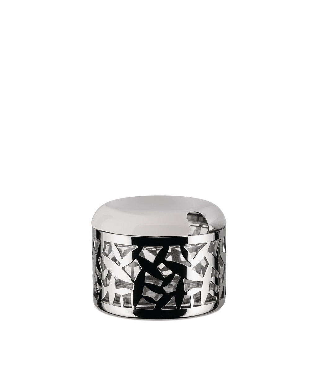 Shiny silver cheese cellar by Alessi featuring a perforated geometric pattern and a sleek lid.