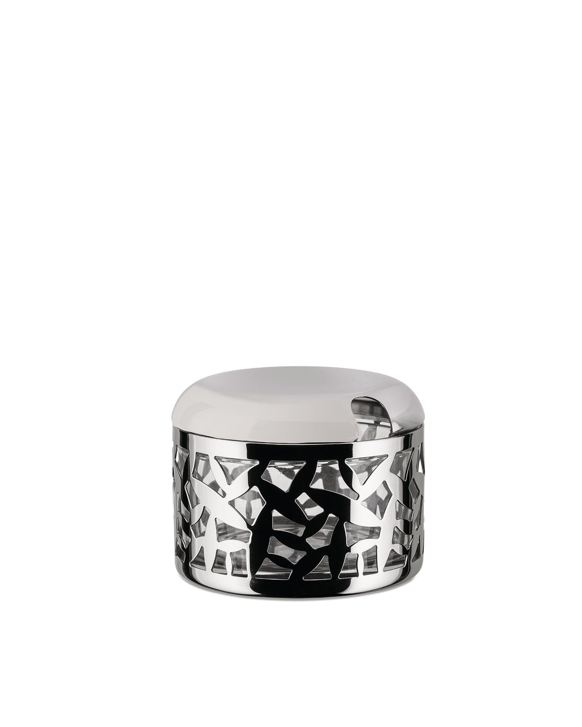 Shiny silver cheese cellar by Alessi featuring a perforated geometric pattern and a sleek lid.