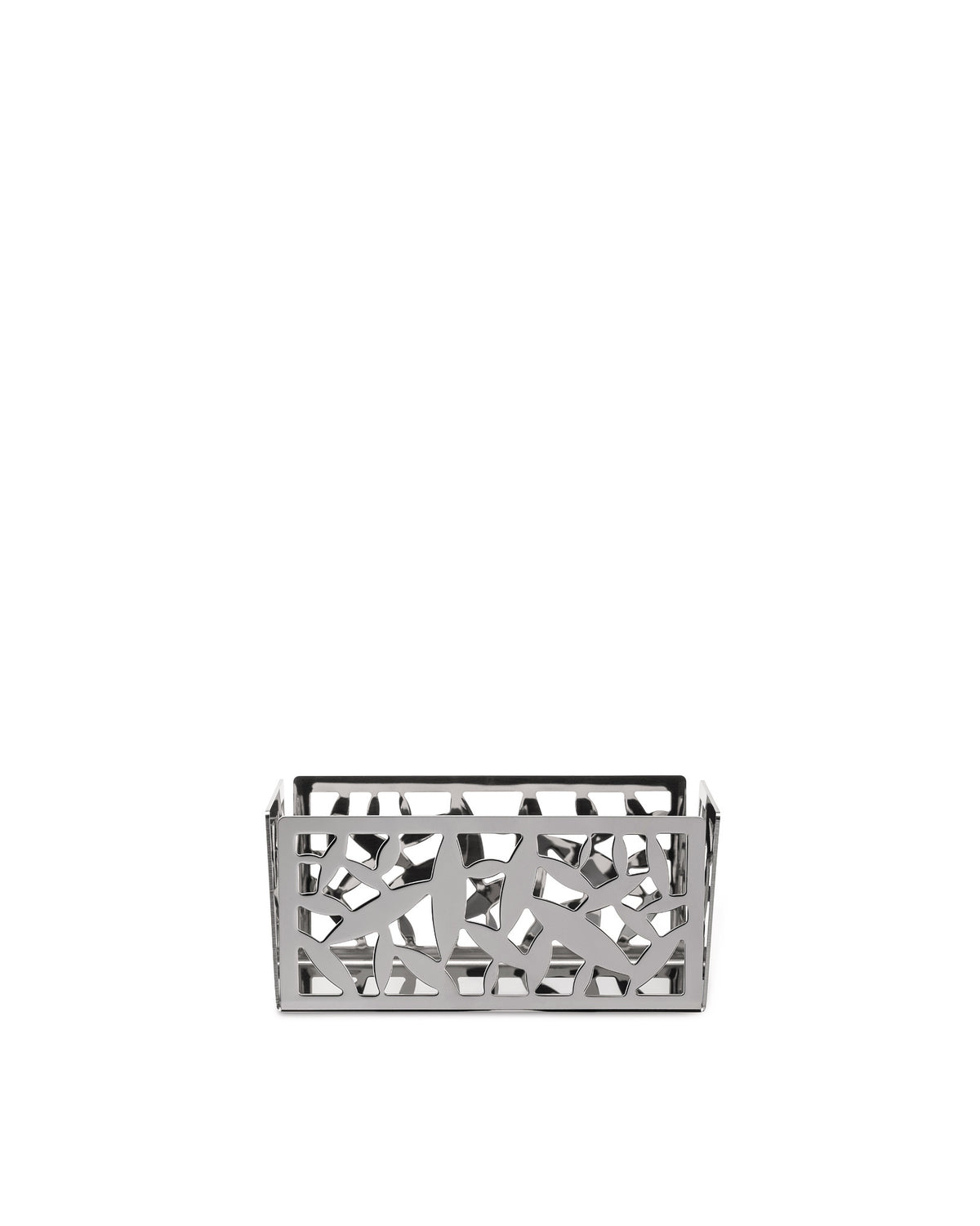 Rectangular silver-toned polished metal holder by Alessi with an abstract botanical cut-out pattern.