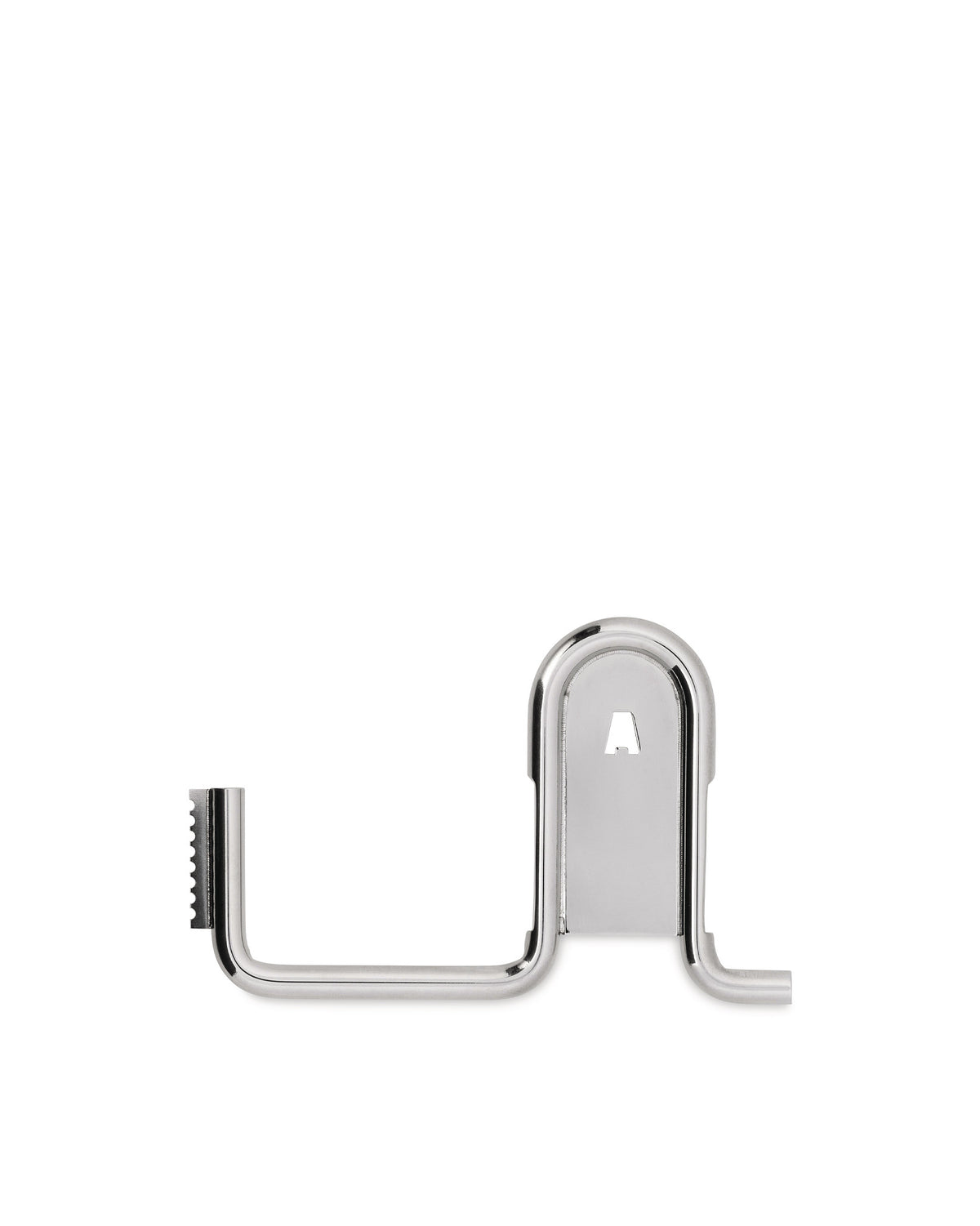 Shiny chrome metal hook by Alessi with a serrated edge and a central hanging loop featuring an A-shaped cutout.